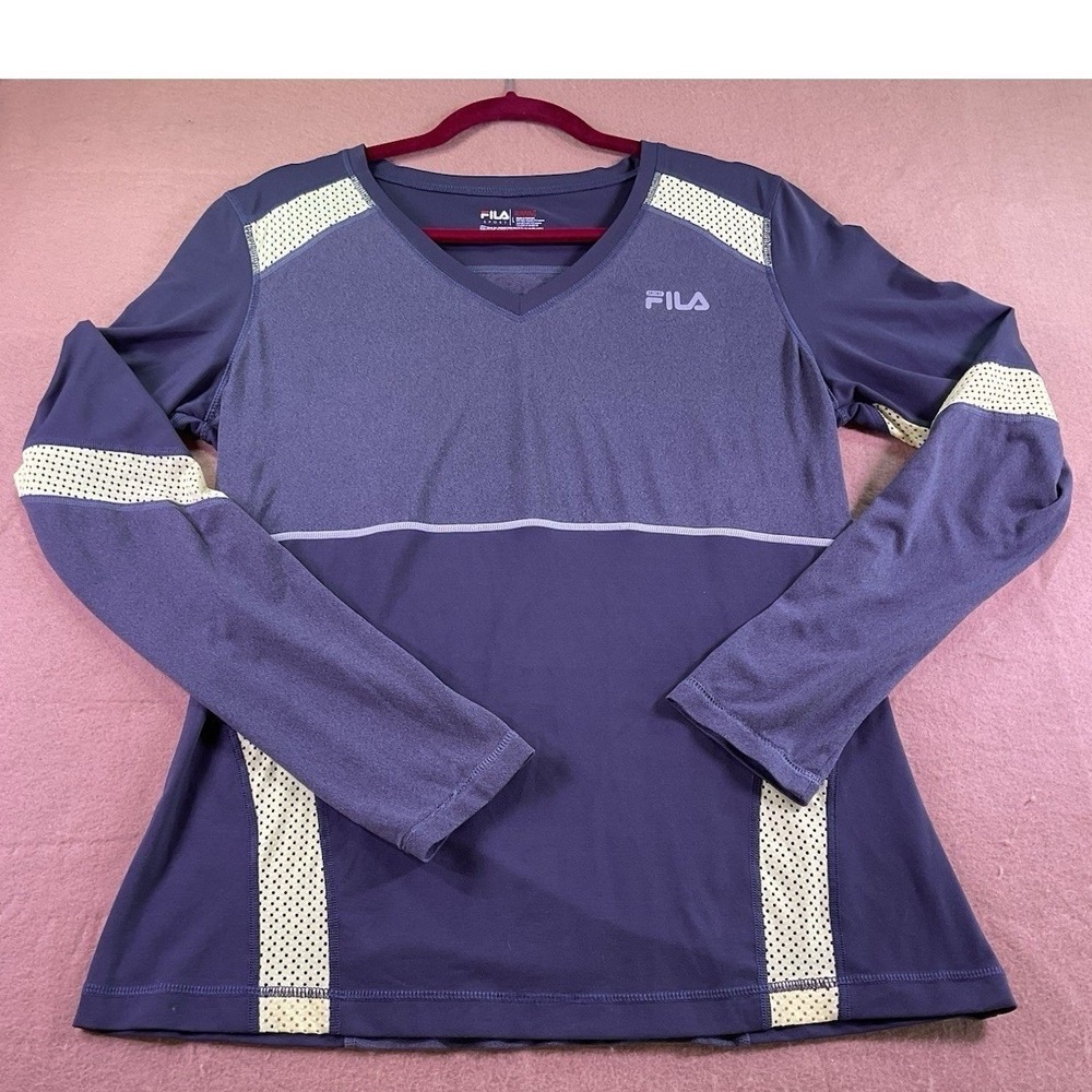 Fila Sport Running Shirt Women Large Purple Long Sleeve V-Neck Mesh Athletic Top